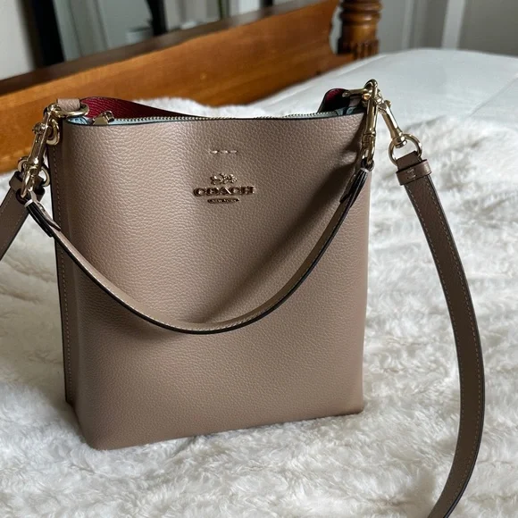 Coach Taupe Leather Crossbody Bucket Bag with Red Interior - Picture 11 of 15